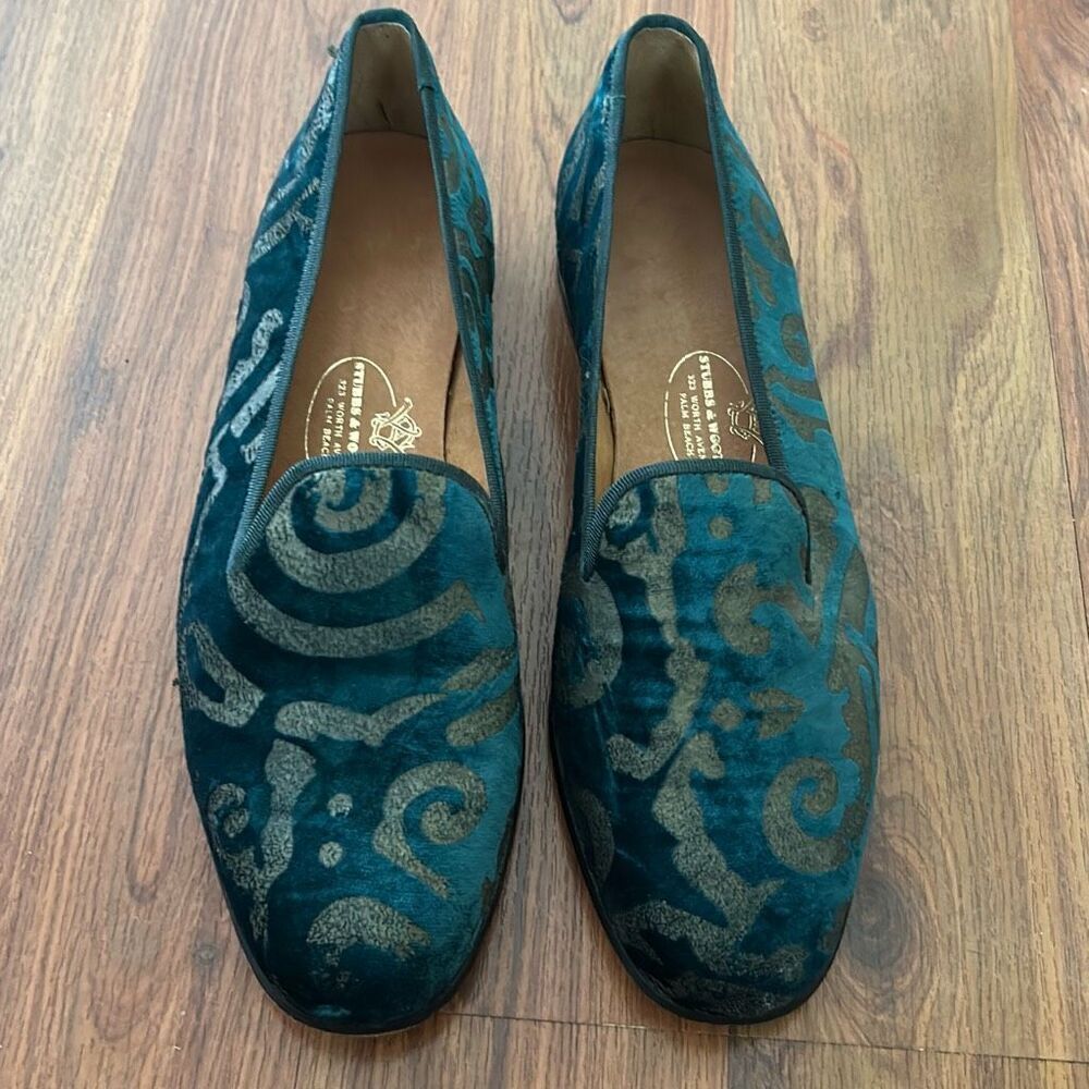 Stubbs & Wootton green burnout velvet luxury loafers Worth Avenue Palm Beach siz